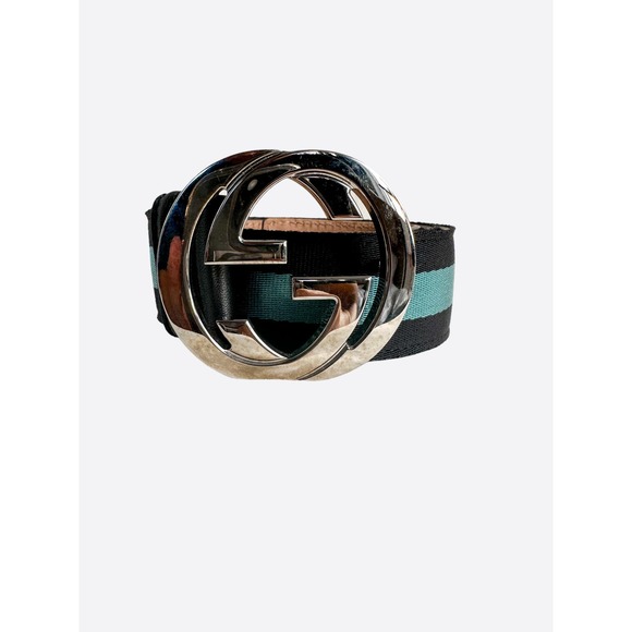 Gucci Blue Striped G Buckle Web Belt - Picture 1 of 4